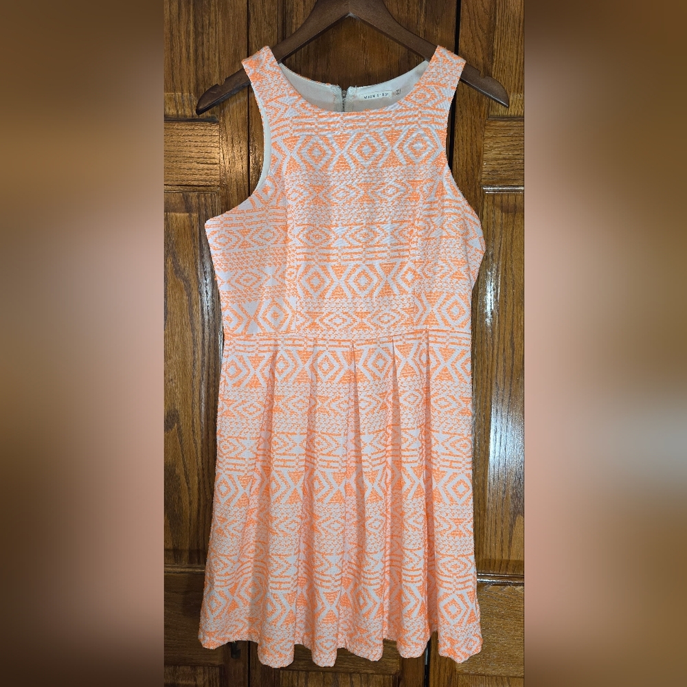 Main Strip Neon Orange Cream Sleeves Mini Tank Dress Pleated Skirt sz L